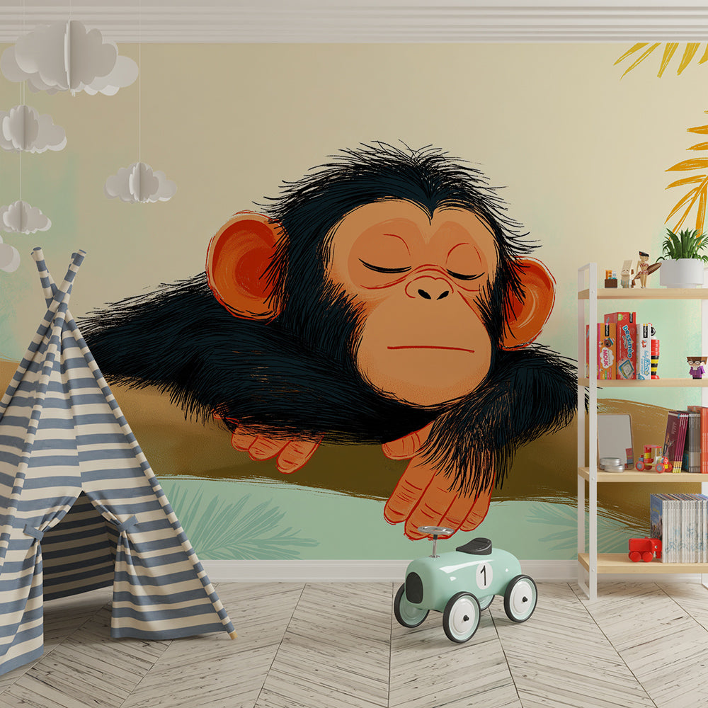 Kids-Mundo sleepy baby chimp on a branch wall mural covering a whole kids bedroom wall