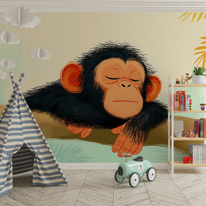 Kids-Mundo sleepy baby chimp on a branch wall mural covering a whole kids bedroom wall