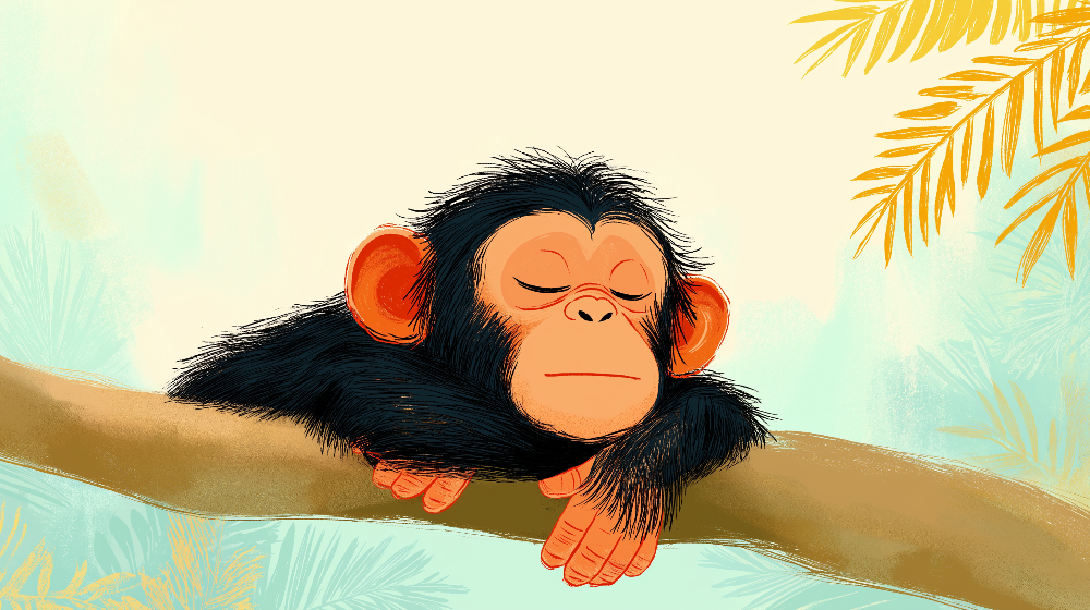 Kids-Mundo flat artwork of a sleepy baby chimp resting on a branch with palm leaves