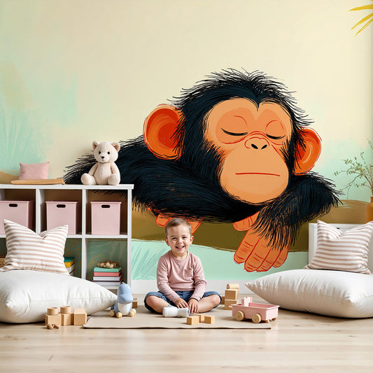 Kids-Mundo sleepy baby chimp wall mural on a warm nursery wall behind a crib