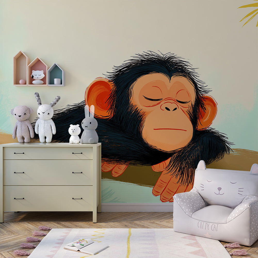 Kids-Mundo sleepy jungle chimp wall mural styled on a cosy playroom feature wall