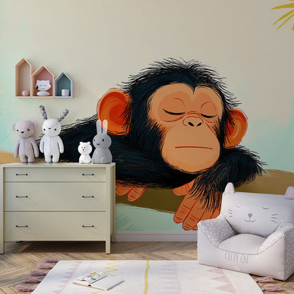 Kids-Mundo sleepy jungle chimp wall mural styled on a cosy playroom feature wall