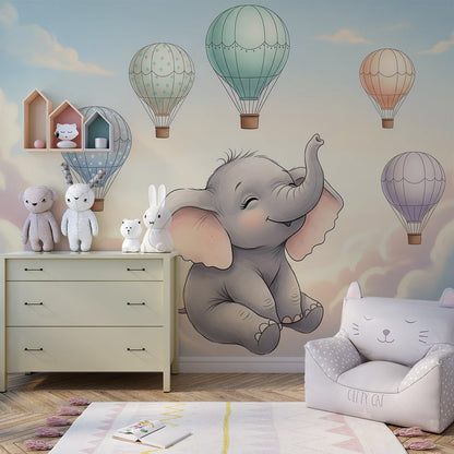 Kids-Mundo elephant balloon wall mural with pastel balloons in a children's bedroom