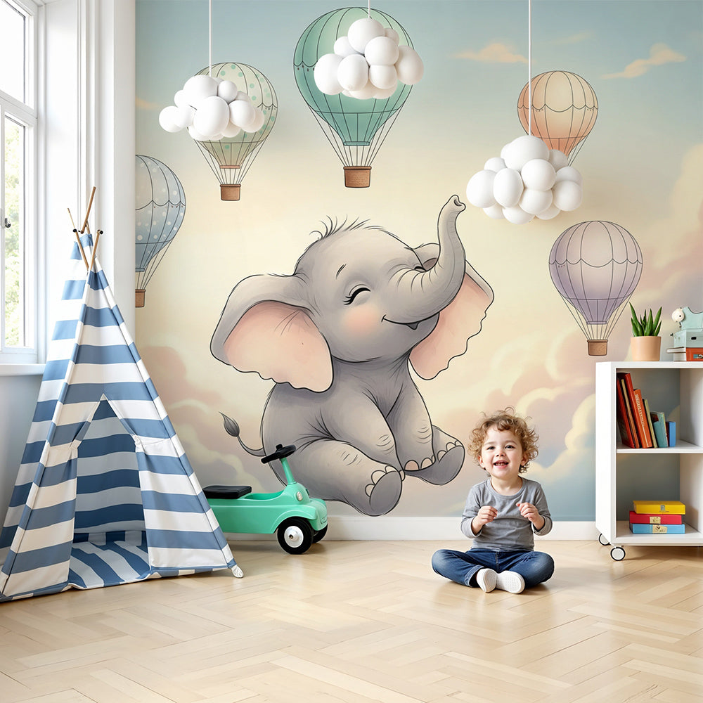 Kids-Mundo sleepy elephant hot air balloon wall mural in a nursery setting