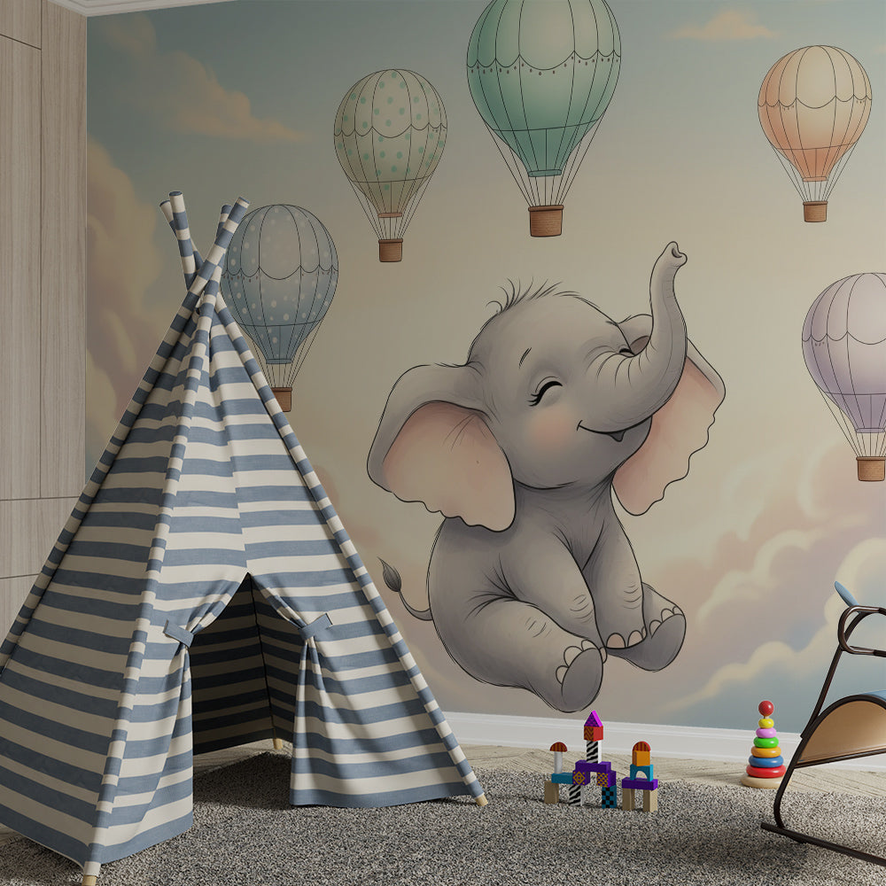 Kids-Mundo elephant hot air balloon wall mural in a playroom feature wall