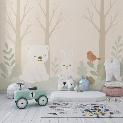 Kids-Mundo sleepy forest animals wall mural decorating a calm kids bedroom wall