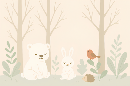 Kids-Mundo illustration of a sleepy bear, bunny and hedgehog among trees mural artwork