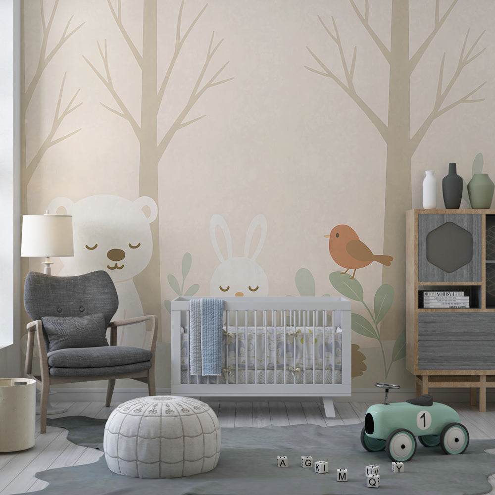 Kids-Mundo sleepy animal wall mural brightening a soft-toned children's playroom