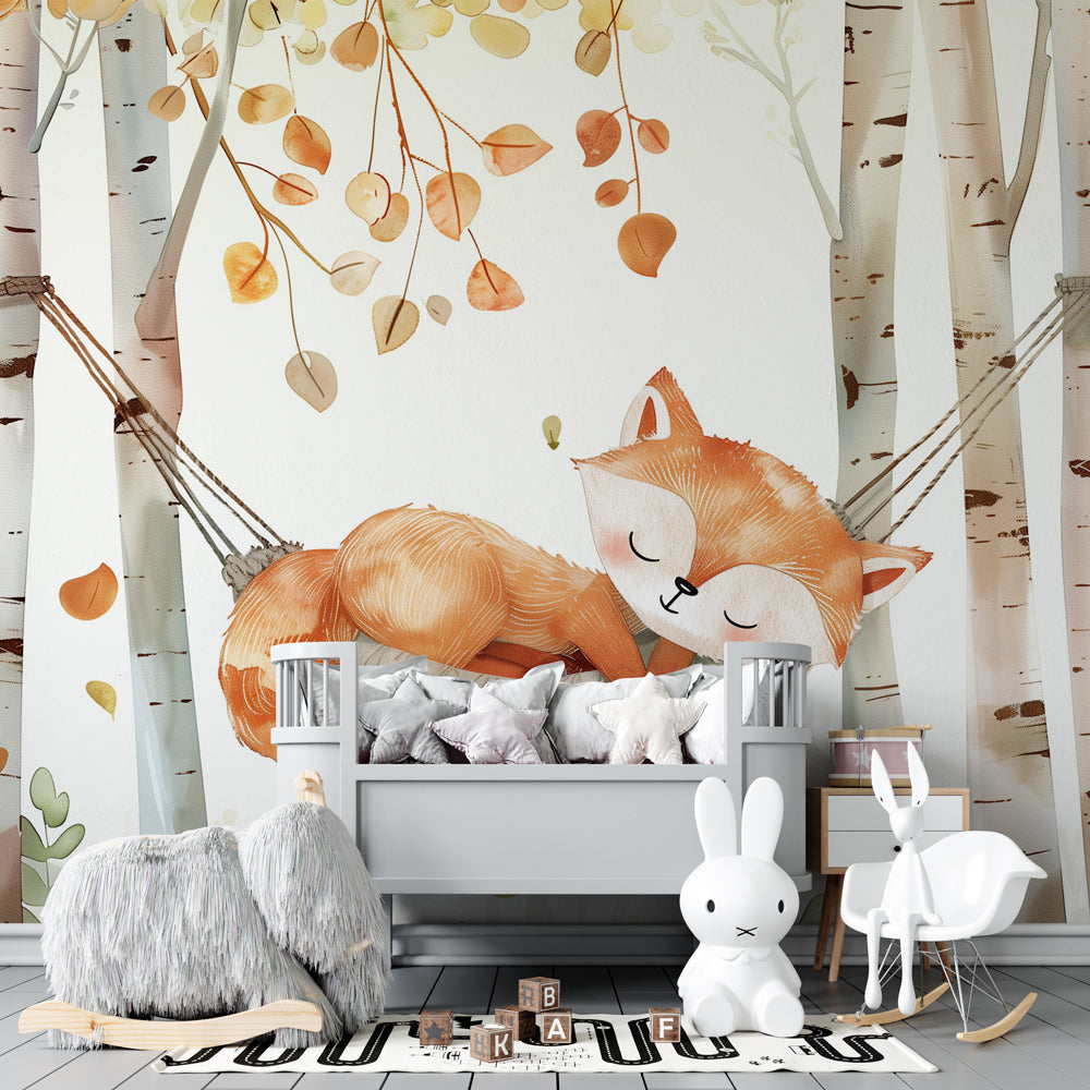Kids-Mundo fox and hammock wall mural shown on a cosy child's bedroom wall