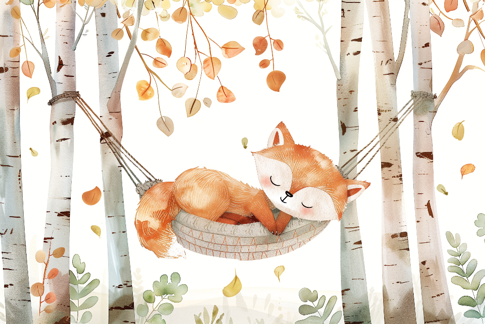 Kids-Mundo flat artwork preview of the sleepy fox birch forest hammock mural