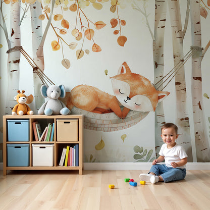 Kids-Mundo sleepy fox wall mural with birch trees styled in a calm nursery room