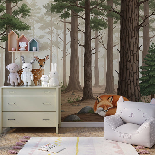 Kids-Mundo fox and fawn woodland wall mural styled in a calm kids bedroom