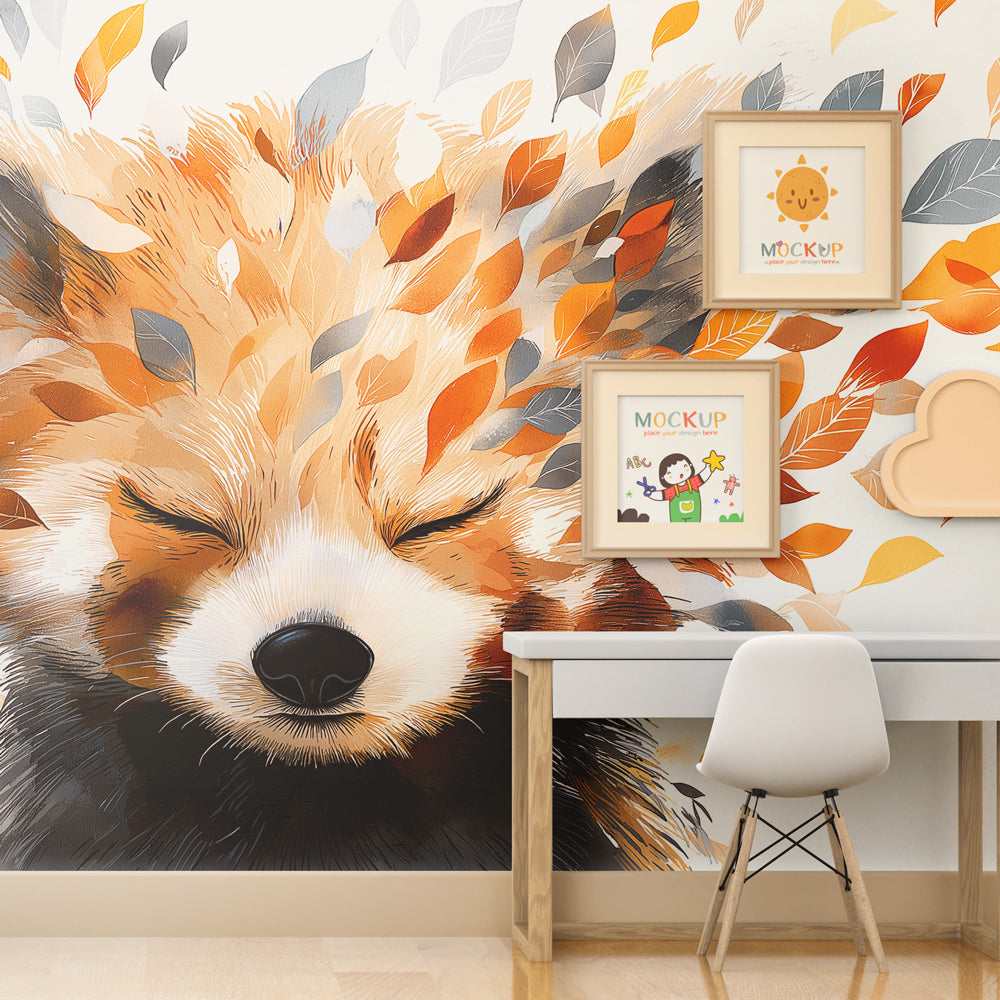 Kids-Mundo fox portrait wall mural with autumn leaves on a child's bedroom feature wall.