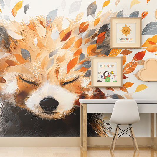 Kids-Mundo fox portrait wall mural with autumn leaves on a child's bedroom feature wall.