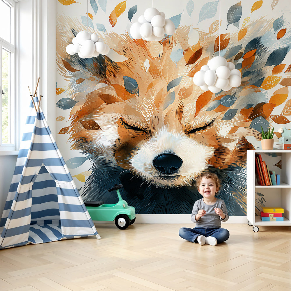 Kids-Mundo sleepy fox portrait wall mural with drifting leaves in a soft, calm nursery room.