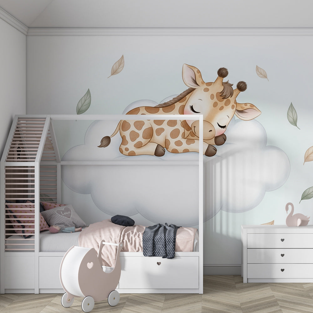 Gentle giraffe nursery wallpaper with floating leaves in serene baby bedroom decor