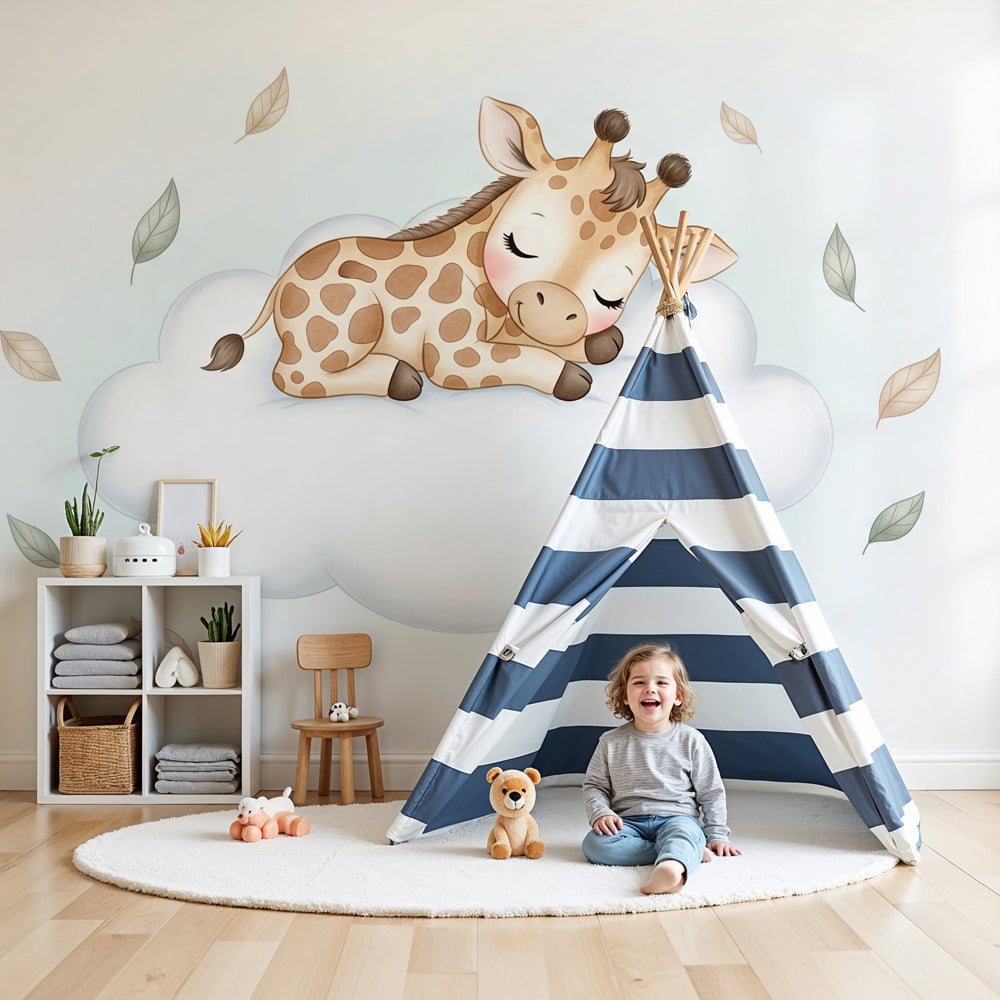 Detailed sleepy giraffe on cloud mural wallpaper design pattern by Kids-Mundo