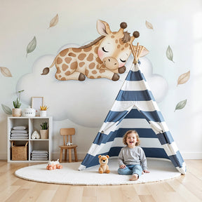 Detailed sleepy giraffe on cloud mural wallpaper design pattern by Kids-Mundo