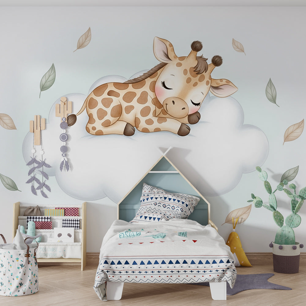 Peaceful giraffe cloud wallpaper creating calming nursery atmosphere with soft lighting