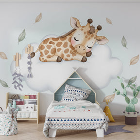 Peaceful giraffe cloud wallpaper creating calming nursery atmosphere with soft lighting