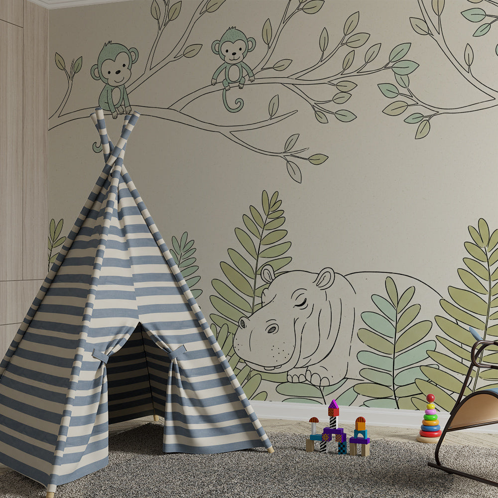 Kids-Mundo baby monkeys and hippo wall mural fitted made to measure in a child's bedroom.