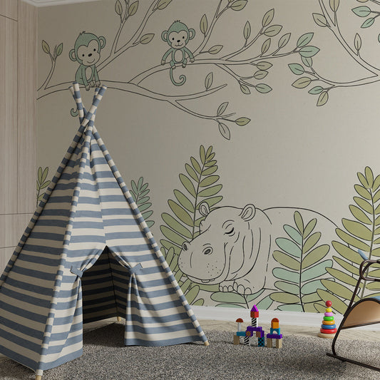 Kids-Mundo baby monkeys and hippo wall mural fitted made to measure in a child's bedroom.