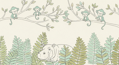 Kids-Mundo flat artwork of a sleepy hippo and four baby monkeys for a nursery wall mural.