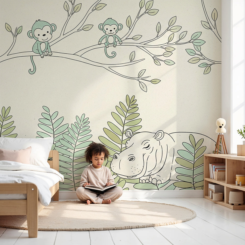 Kids-Mundo sleepy hippo nursery wall mural with baby monkeys printed made to measure.