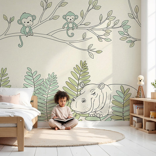 Kids-Mundo sleepy hippo nursery wall mural with baby monkeys printed made to measure.