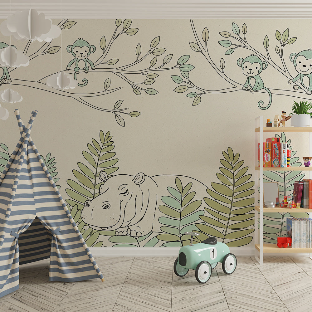 Kids-Mundo soft jungle nursery mural with sleeping hippo in a playroom setting.