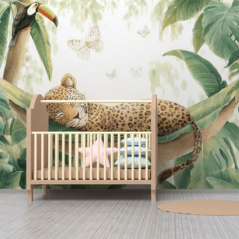Kids-Mundo jungle hammock mural adding a restful mood to a playroom reading nook.