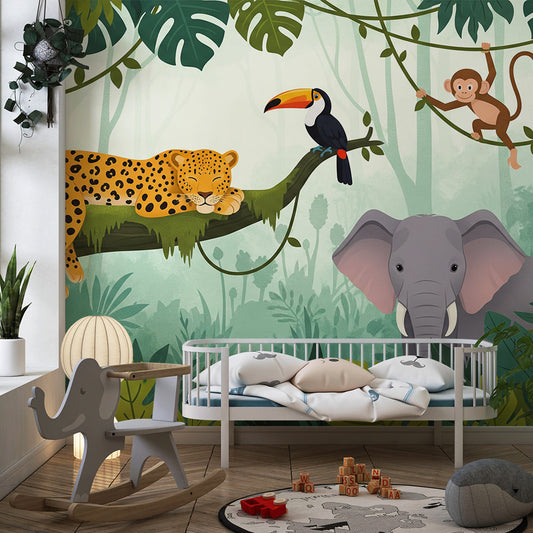 Kids-Mundo leopard and toucan jungle wall mural styled on a calm kids bedroom wall