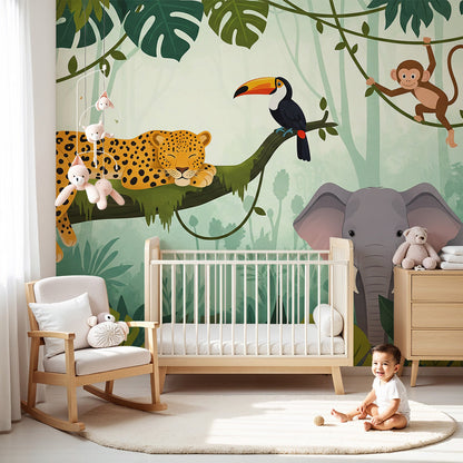 Kids-Mundo sleepy leopard and toucan jungle wall mural shown in a misty nursery room