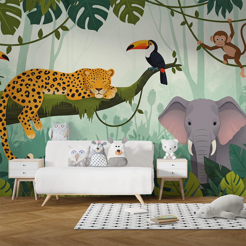 Kids-Mundo jungle wall mural with leopard, toucans and elephant shown in a playroom