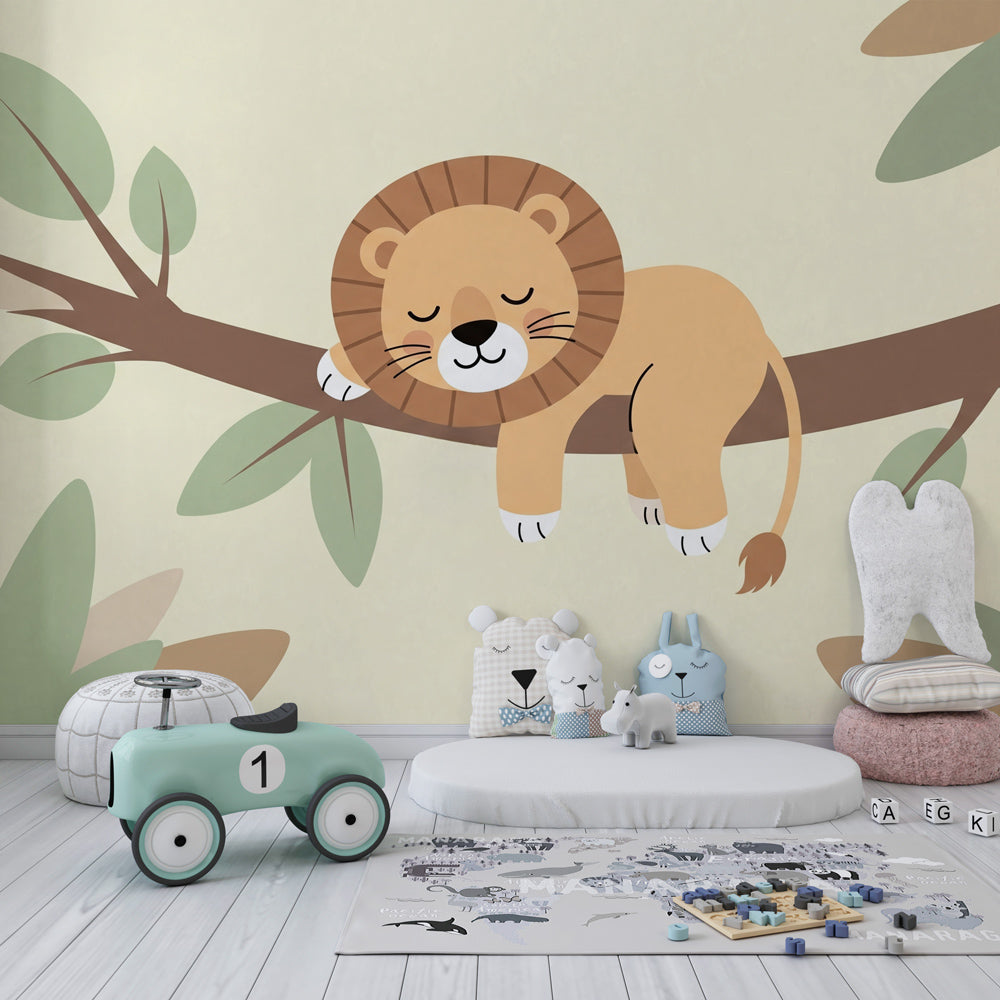 Kids-Mundo sleepy lion on a branch wall mural in a bright children's bedroom