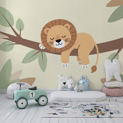 Kids-Mundo sleepy lion on a branch wall mural in a bright children's bedroom