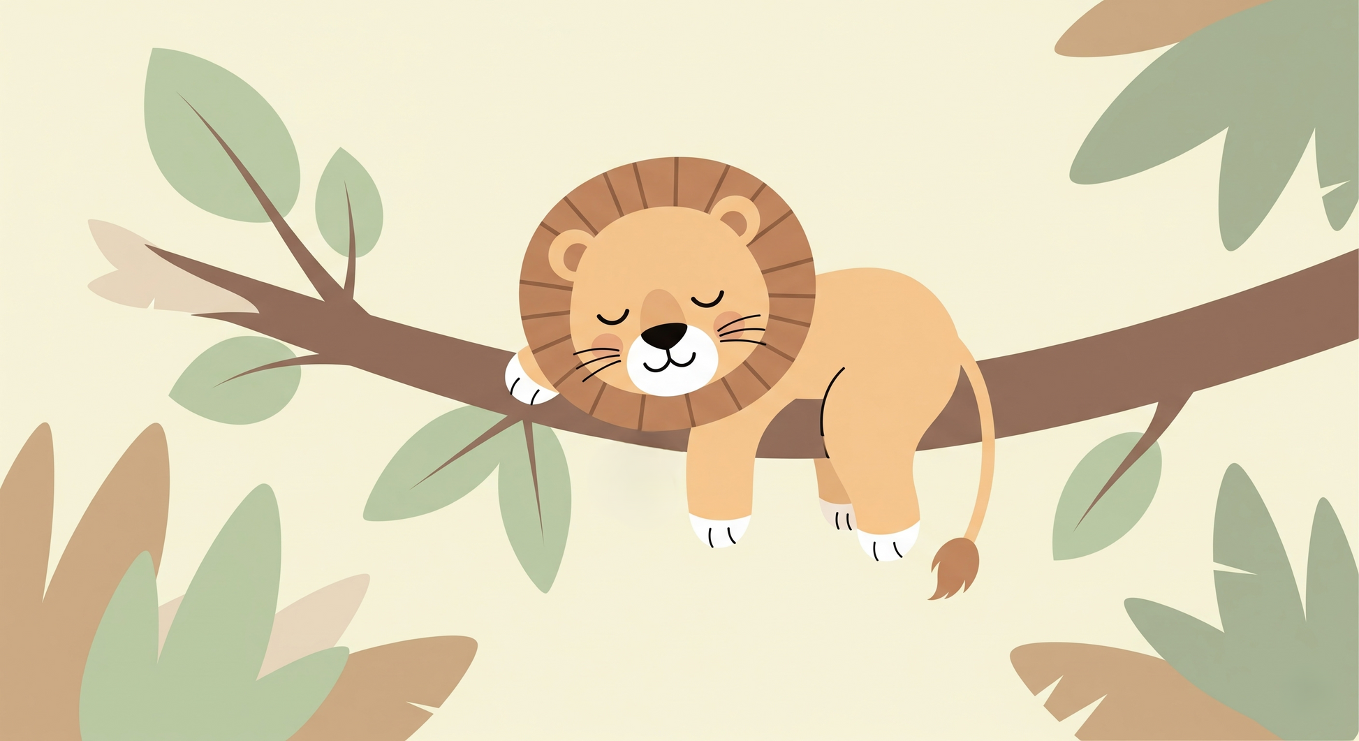 Kids-Mundo flat artwork of a sleepy lion cub resting on a leafy tree branch