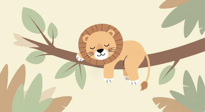 Kids-Mundo flat artwork of a sleepy lion cub resting on a leafy tree branch