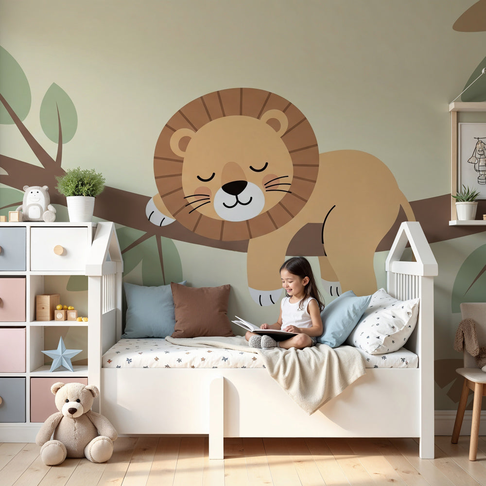 Kids-Mundo sleepy lion wall mural styled above a cot in a soft beige nursery