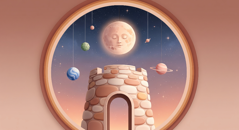 Sleepy Moon Castle Tower Round Window Wall Mural