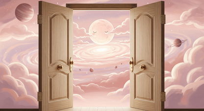 Kids-Mundo flat artwork for the sleepy moon doorway wall mural, showing clouds, planets and open doors