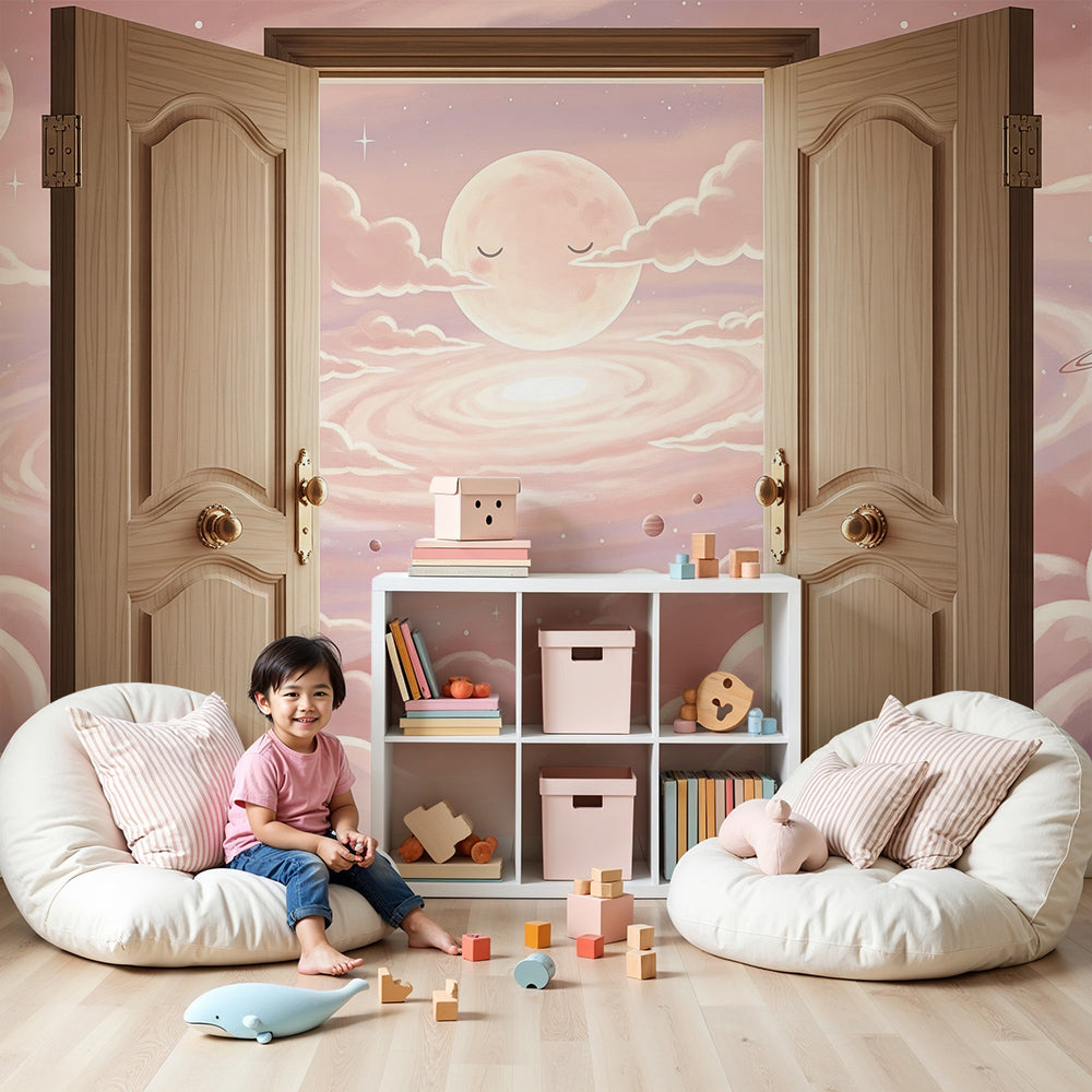 Kids-Mundo moon nursery wallpaper showing open wooden doors revealing a sleepy glowing moon