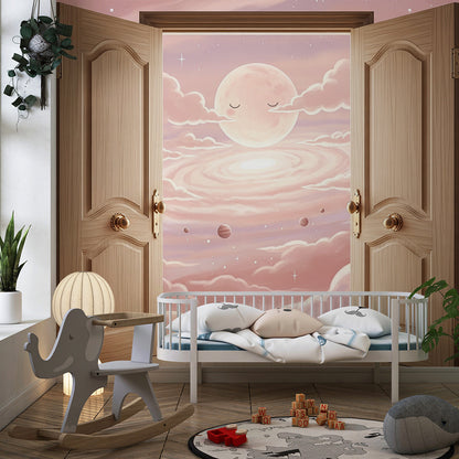 Kids-Mundo moon wall mural in a playroom, featuring open doors and a softly glowing sleepy moon