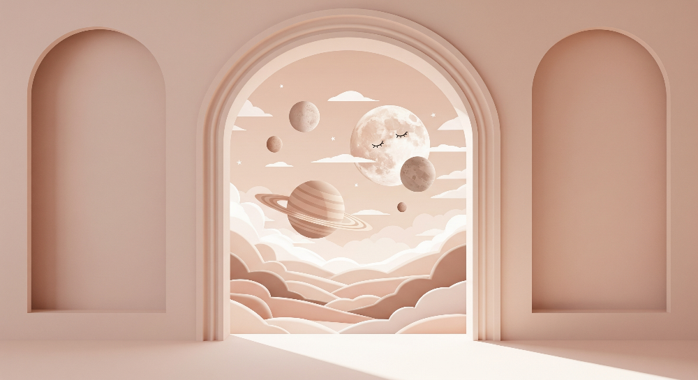 Kids-Mundo flat artwork of the beige sleepy moon archway space wall mural design