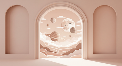 Kids-Mundo flat artwork of the beige sleepy moon archway space wall mural design