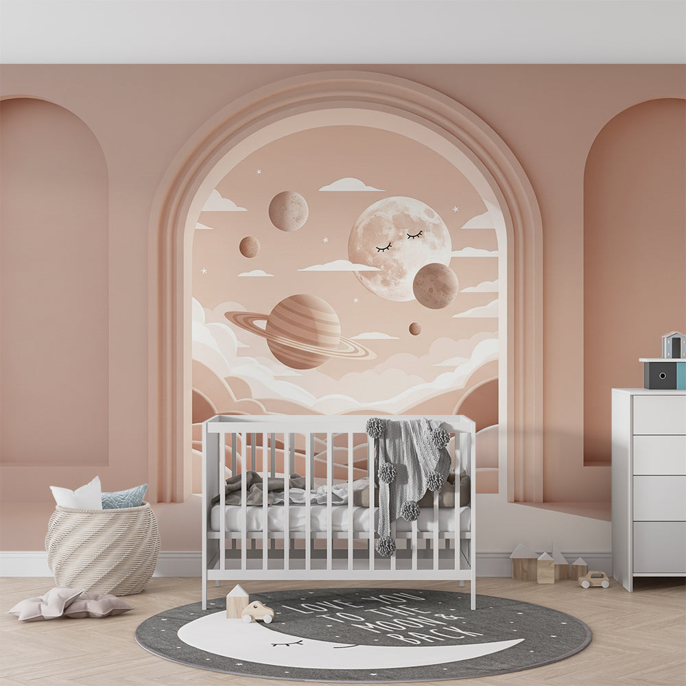 Kids-Mundo beige moon archway wall mural bringing a gentle space theme to a playroom