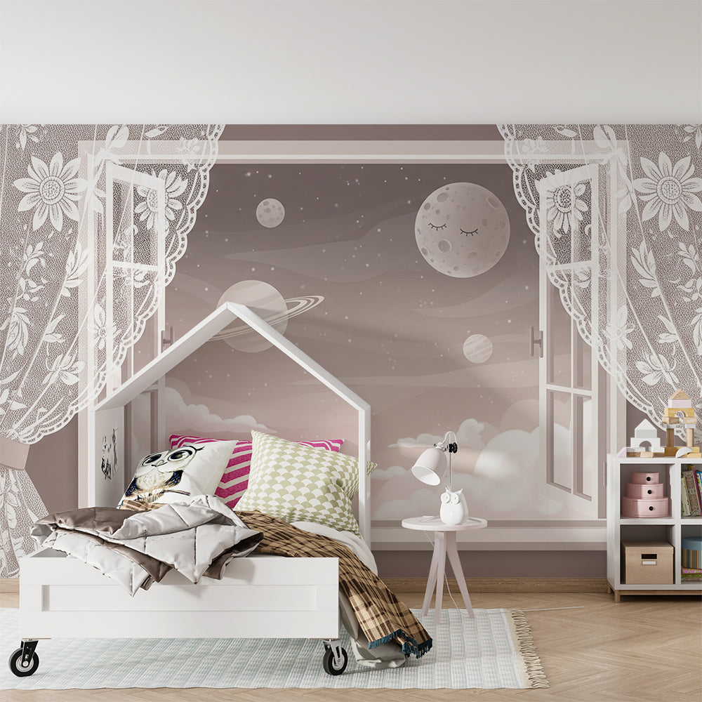 Kids-Mundo lace-curtained Saturn mural above a bed in a child's bedroom.