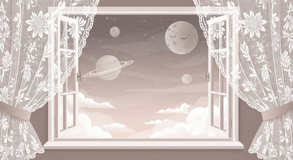 Kids-Mundo flat artwork of a lace-framed window with Saturn and a sleepy crescent moon.