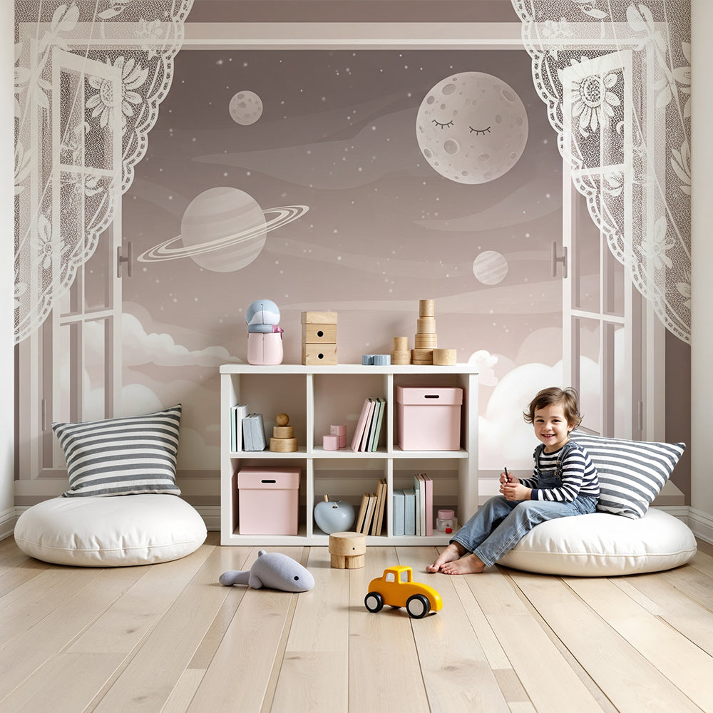 Kids-Mundo sleepy moon and Saturn wall mural behind a cot in a soft beige nursery.