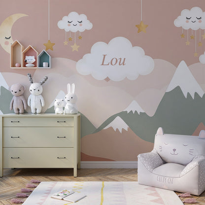 Kids-Mundo mountain wall mural with clouds and stars styled on a kids bedroom wall